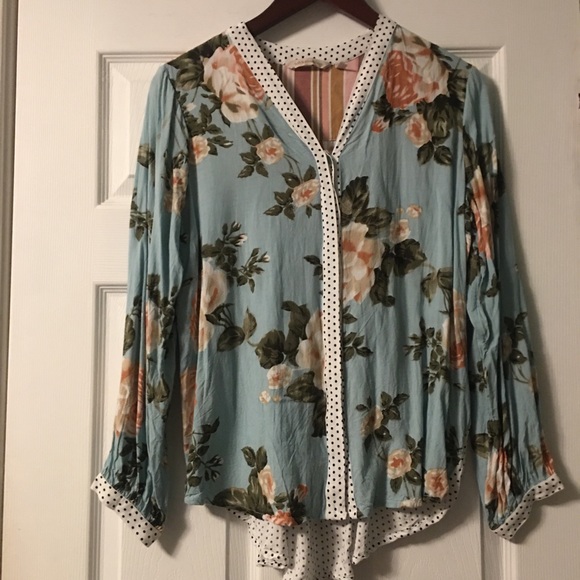 Soft Surroundings Blue Floral and Polka Dot Mixed Print Button Down Blouse - Picture 3 of 11